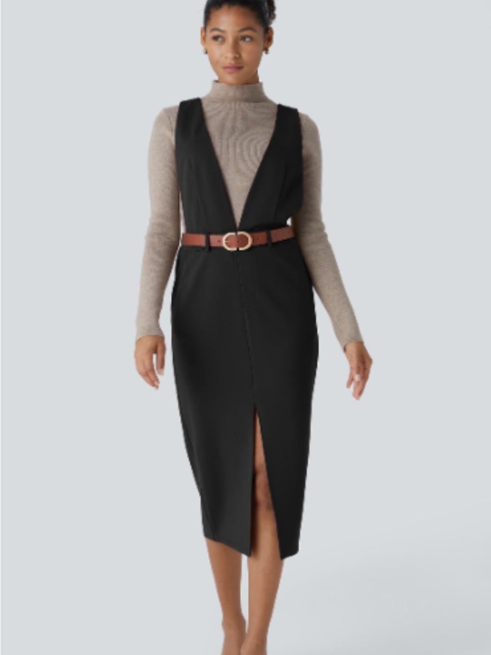 Black V-Neck Midi Dress with Front Slit